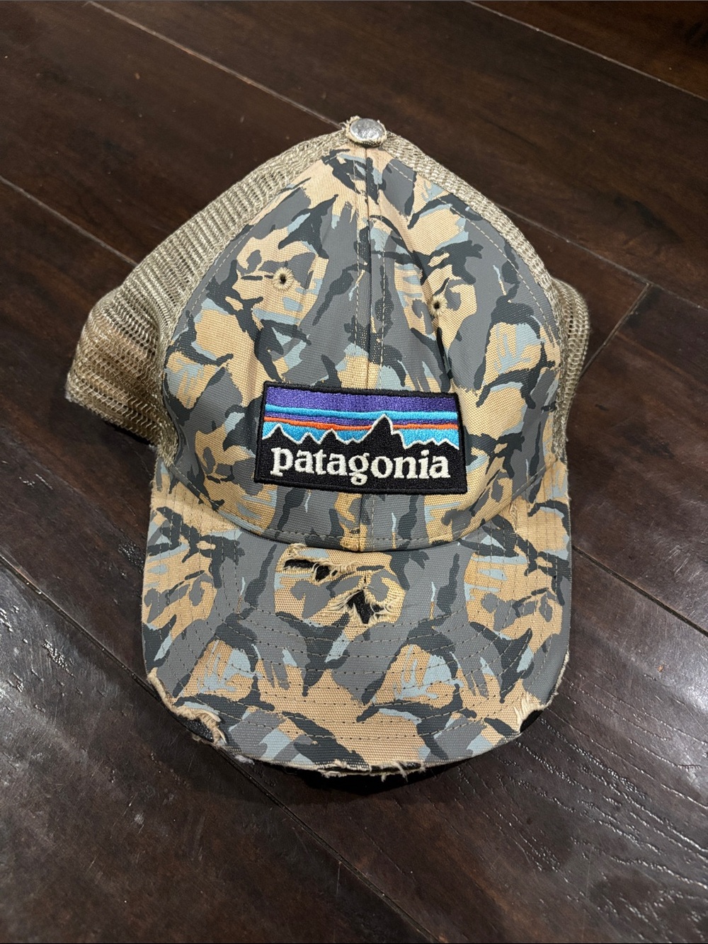 Patagonia Camo Trucker Hat - Gray & Tan with Purple Logo Accent